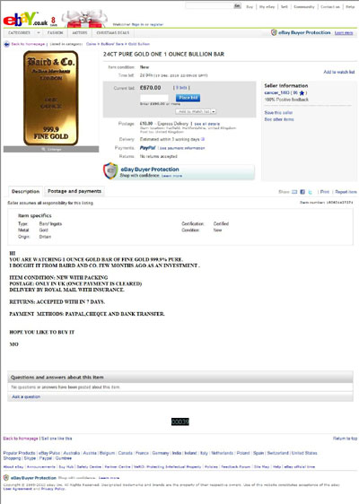 cancer_1403 eBay Listing Using our Baird & Co. One Ounce Gold Bar Photographs